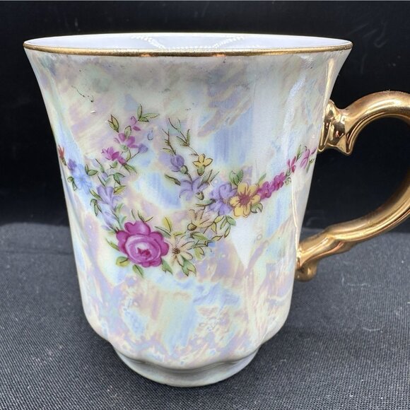 Vintage Czech Lusterware Floral Lidded Mugs Set of 2 Gold Handle Iridescent - Picture 7 of 11